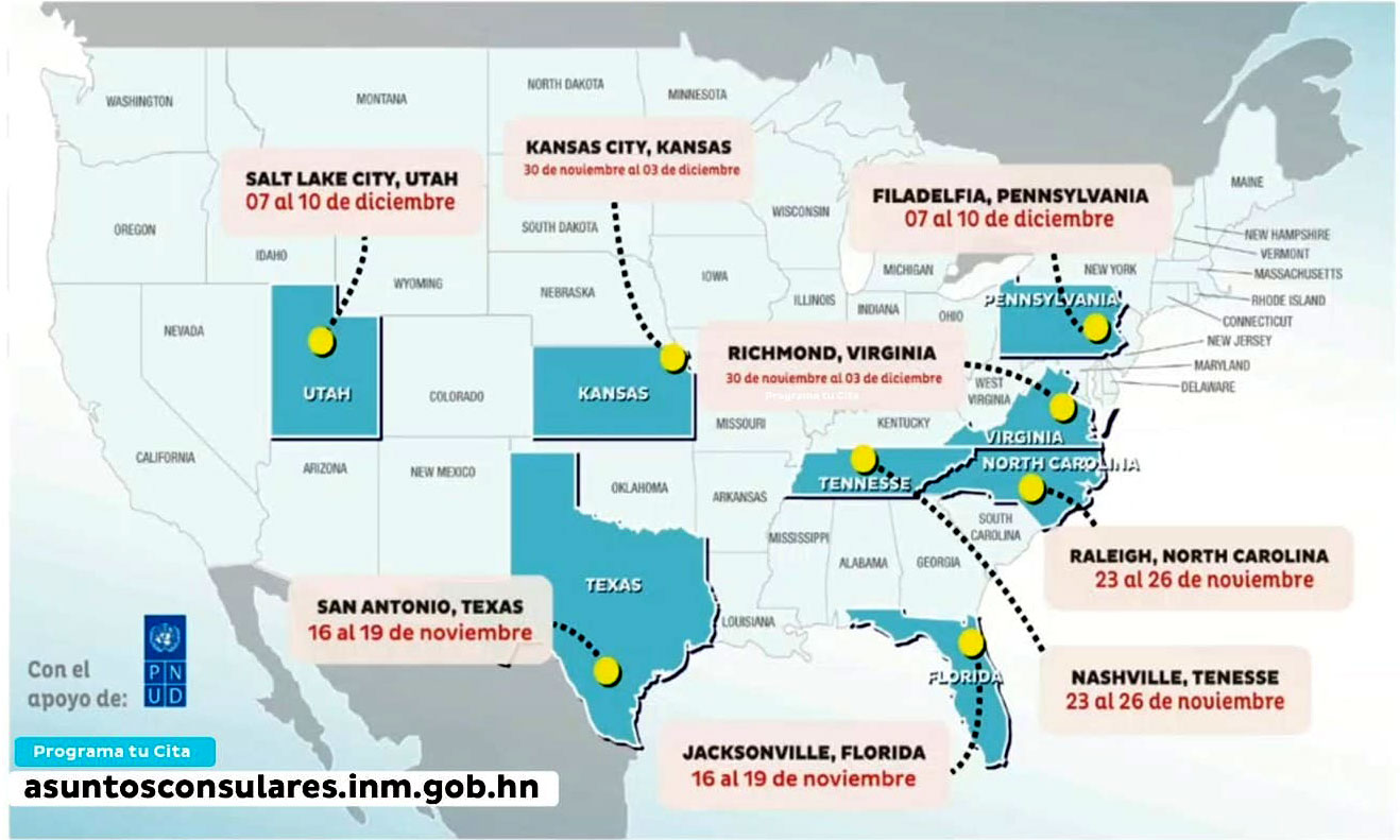Cities where the Mobile Consulates will be to serve Hondurans
